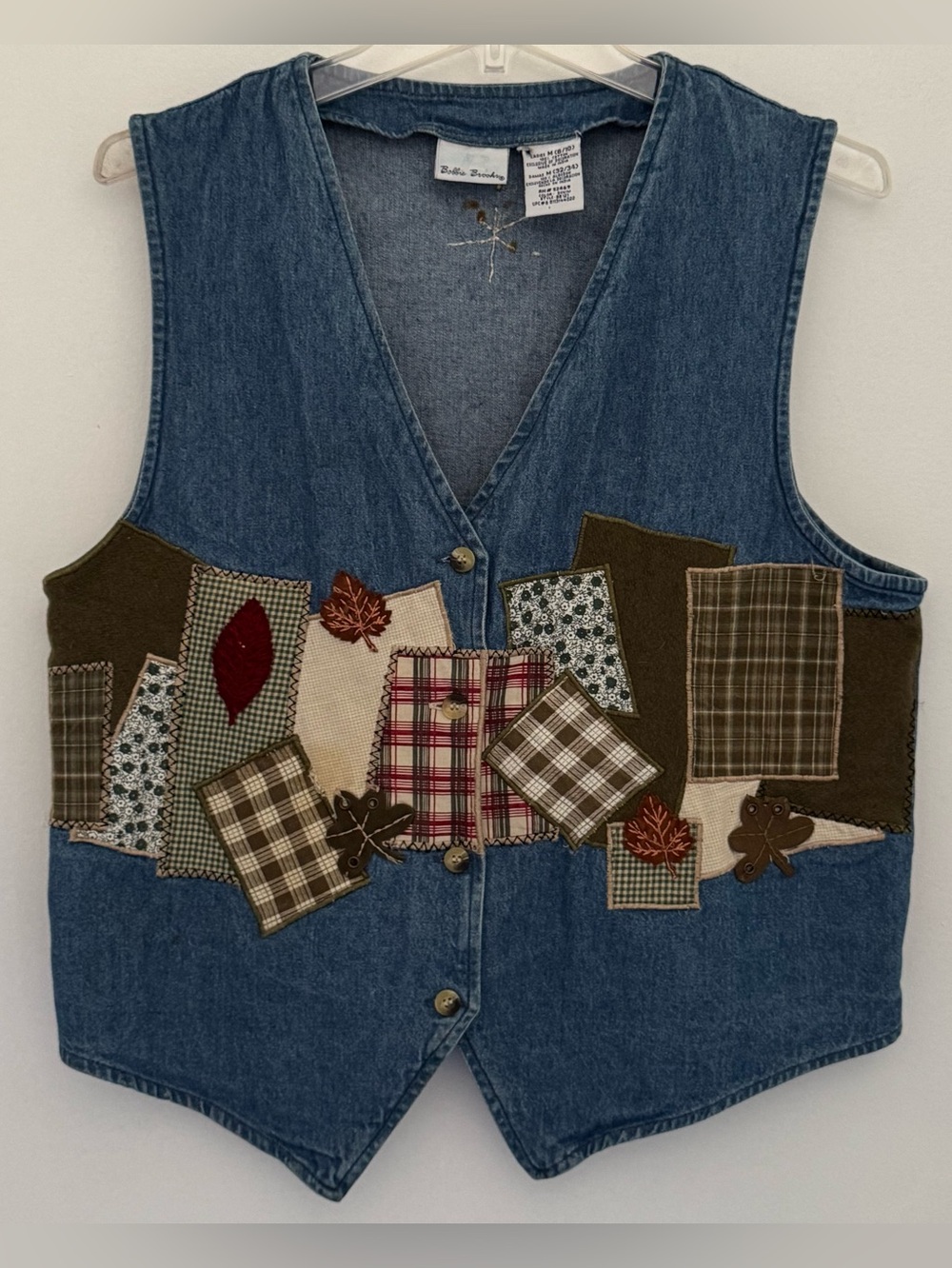 Bobbie Brooks Denim Patchwork Vest in Blue with Brown Accents